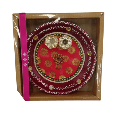 [POOJA-1048] Decorated Pooja Thali (Med. Red &amp; Orange)