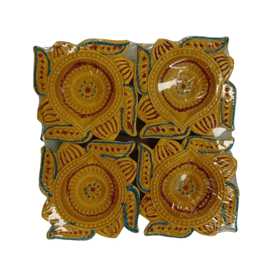 [POOJA-11251] Decorated Diya Set Yellow Swastik Shape  (4pc) Diwali