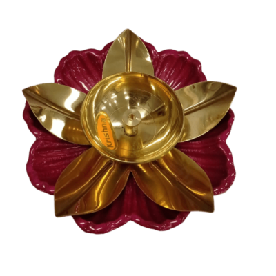 [POOJA-1182] Brass Lotus Lamp (With Dark Pink Base, Size 12cm, 1pc)