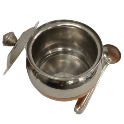 [POOJA-1201] SteelGhee / Oil container with lid and spoon (Height 6cm. Diameter 8cm)