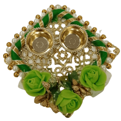 Designer Haldi Kunkum Karanda (container) flowers (1pc) - With Green Flowers