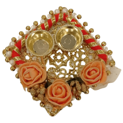 Designer Haldi Kunkum Karanda (container) flowers (1pc) - With Orange Flowers