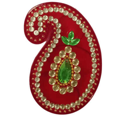Haldi Kumkum Kuiri (container) (1pc) - Red with Green Leaf size Kundan