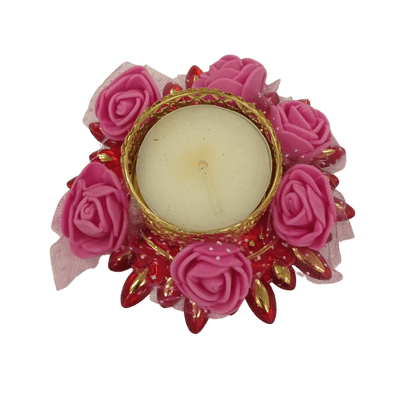 [POOJA-1180] Decorated Candle Stand with Colorful Roses/Pompom and Candle (1pc)