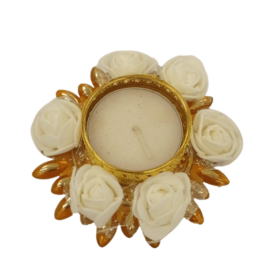 Decorated Candle Stand with Colorful Roses/Pompom and Candle (1pc) - Decorated Candle Stand with White Roses and Candle (1pc)